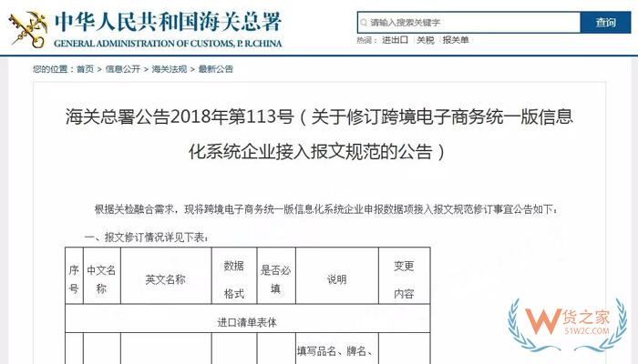 海關總署發布關于修訂跨境電商統一版信息化系統企業接入報文規范的公告-貨之家